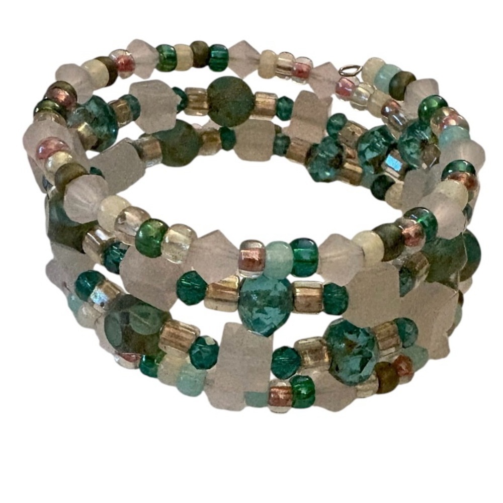 Rose Quartz, Czech Glass, and Crystal Beaded Wrap Bracelet. - Picture 3 of 7